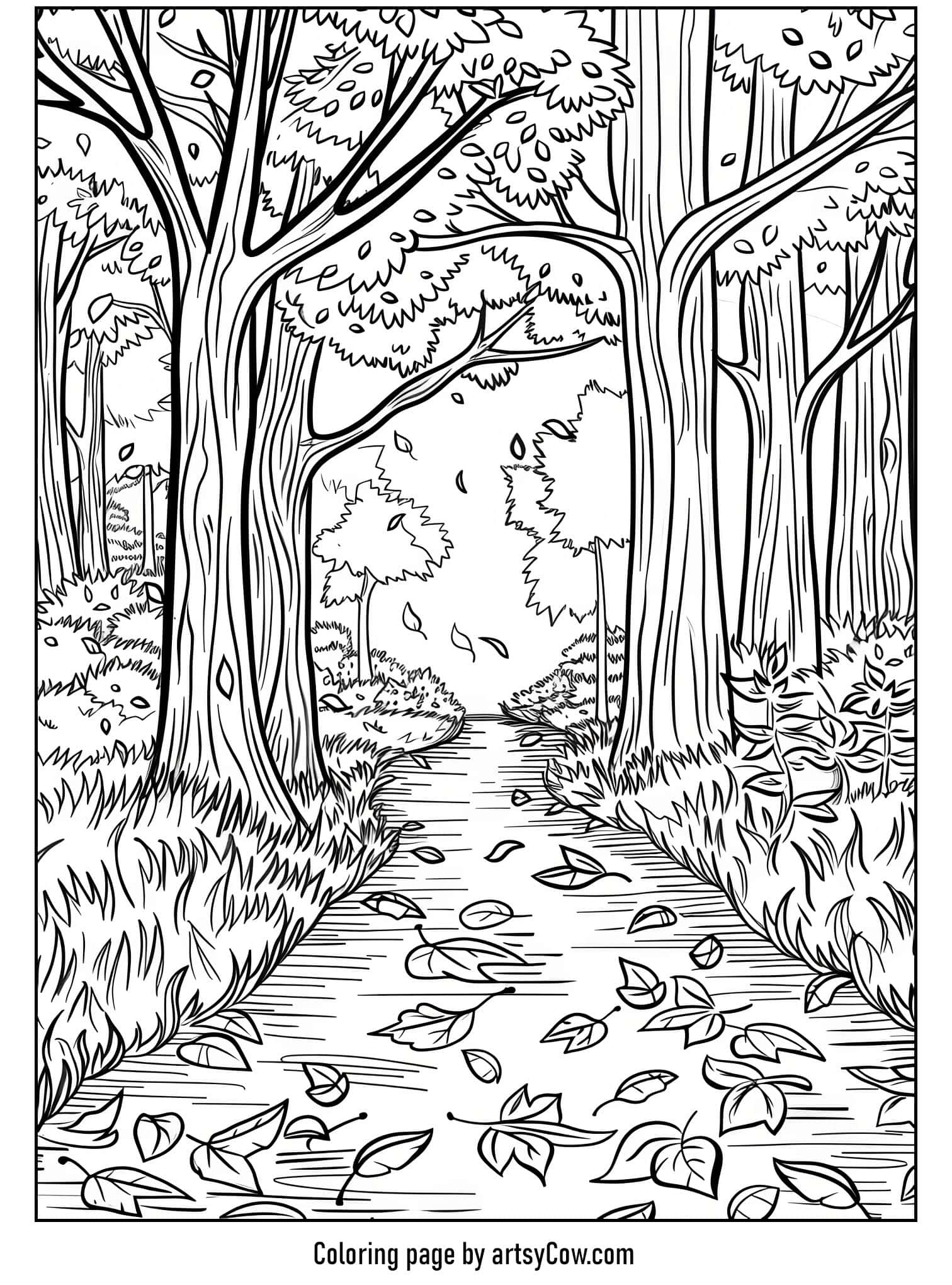 a serene path lined with trees shedding autumn leaves